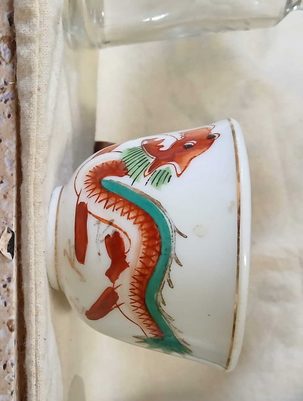 Hand-Painted White Porcelain Dragon Tea Cup - Red & Green Accents